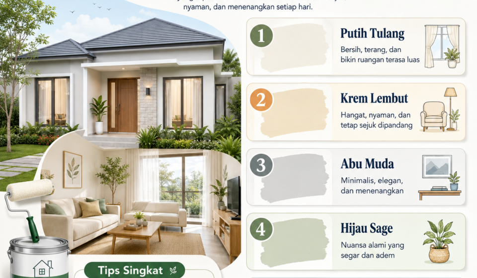 Inspirasi warna cat rumah adem untuk menciptakan hunian lebih sejuk, nyaman, dan estetik dengan pilihan nuansa yang menenangkan setiap hari.