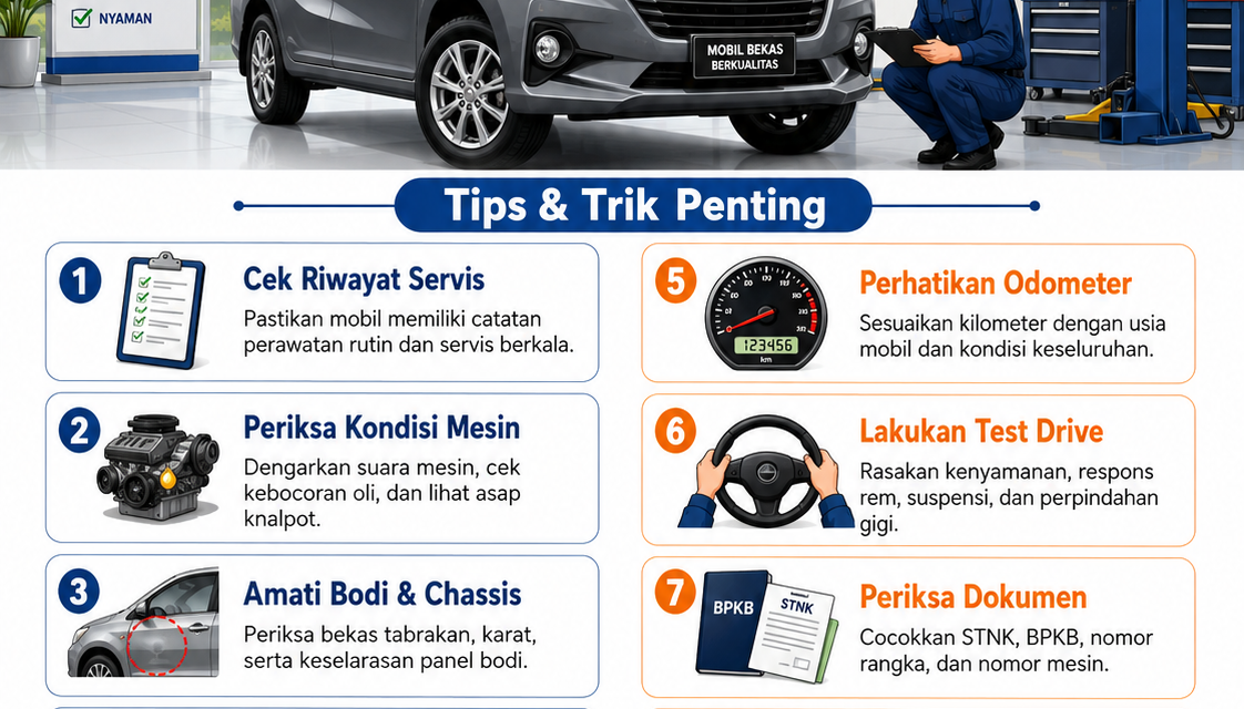 Cara memilih mobil bekas terbaik agar tetap prima jangka panjang dengan cek mesin, riwayat servis, bodi, dokumen, dan uji jalan.